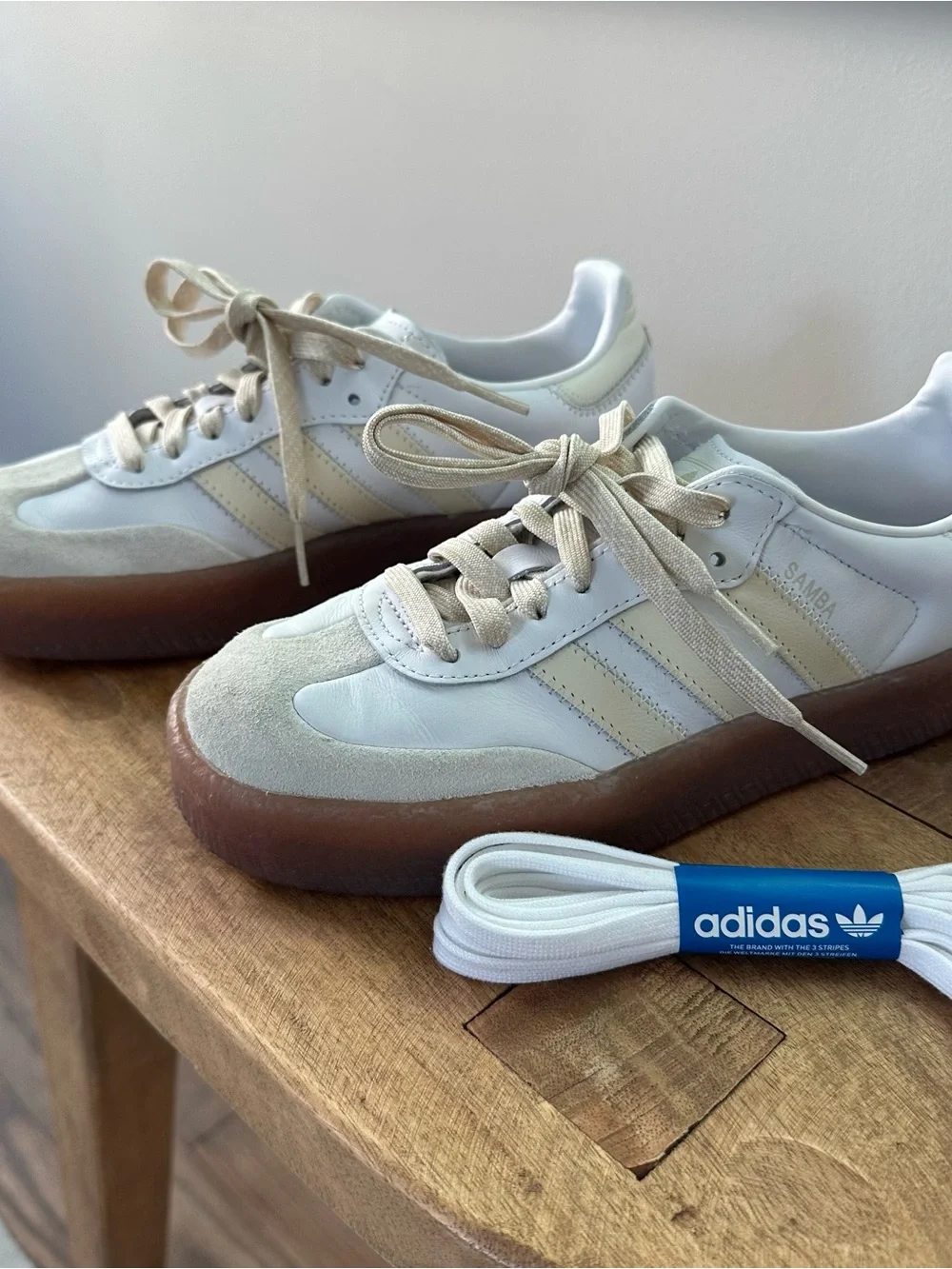 adidas Samba Leather Sneaker in White and Cream with Gum Sole - Picture 3 of 7
